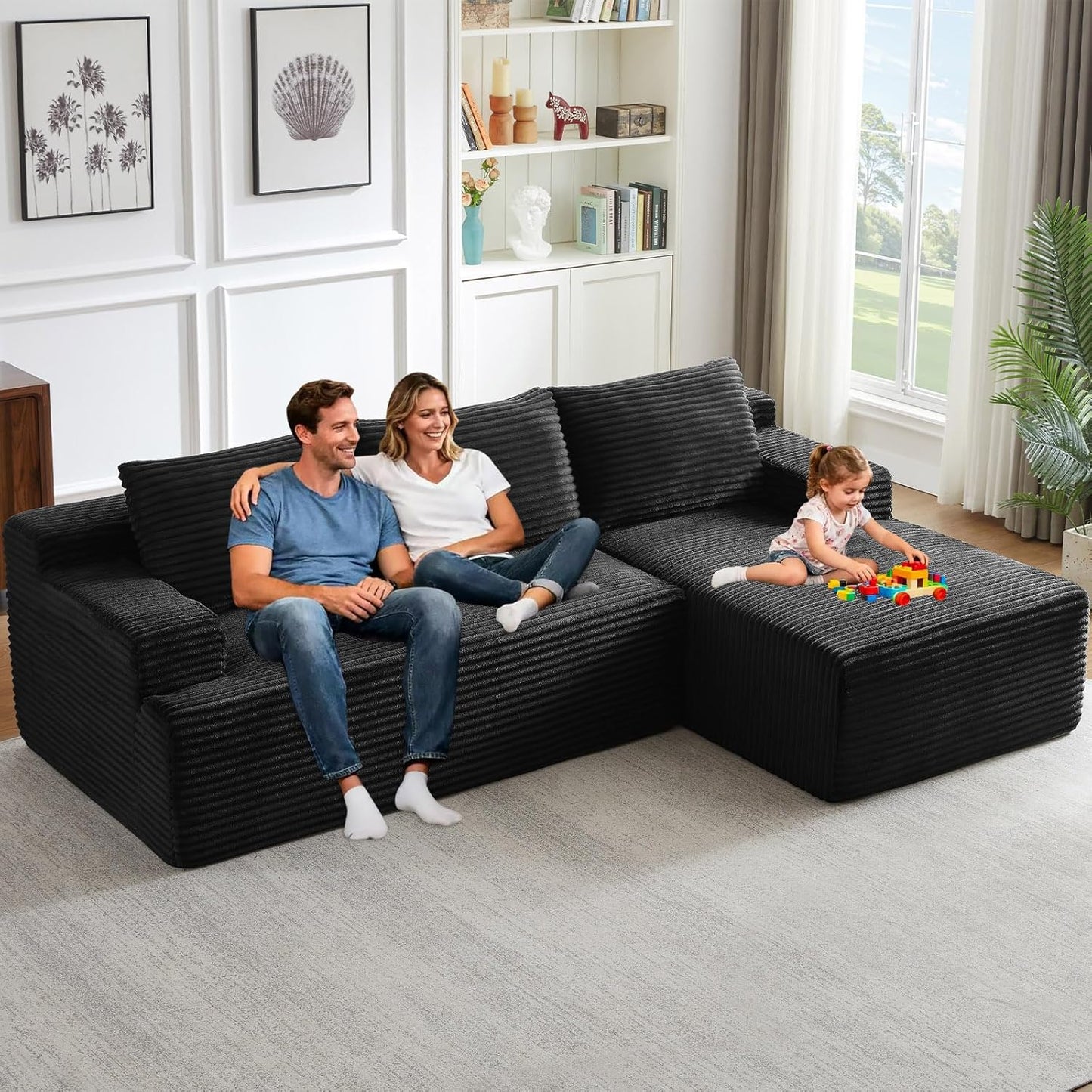 96" Modular Sectional Sofa Couches L-Shape Couch 3 Seat Modular Sofa Corduroy Memory Foam Sectional Boneless Couches for Living Room, Cloud Couch with Oversized Chaise(Black, Right Facing)