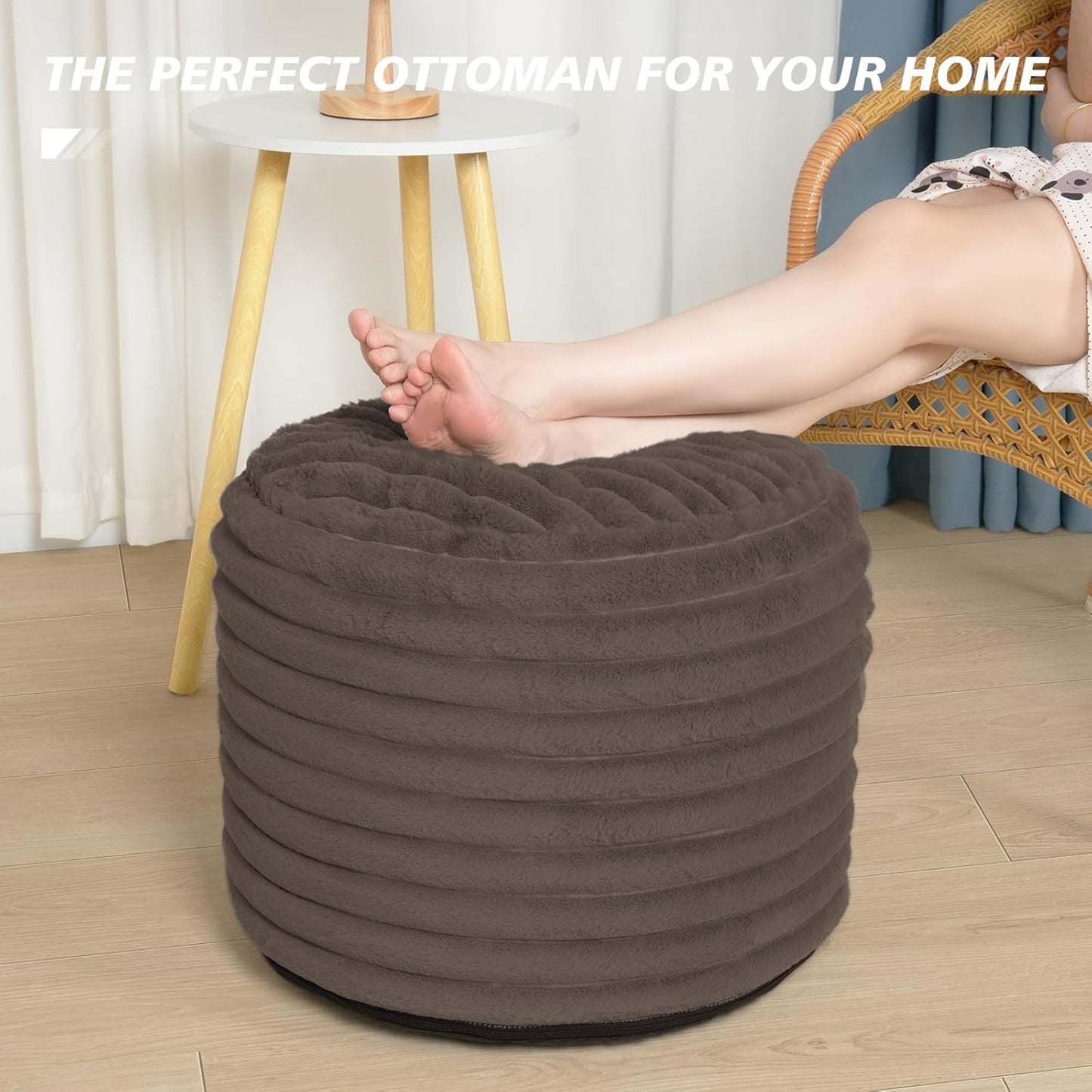 Pouf Ottoman Stuffed round for Foot Rest, Faux Fur Poufs with Foam Chunk Filling, Storage Ottoman Pouf Foot Stool Cushion, 20 X 15 Inch Floor Chair for Living Room Bedroom Home Decor, Brown