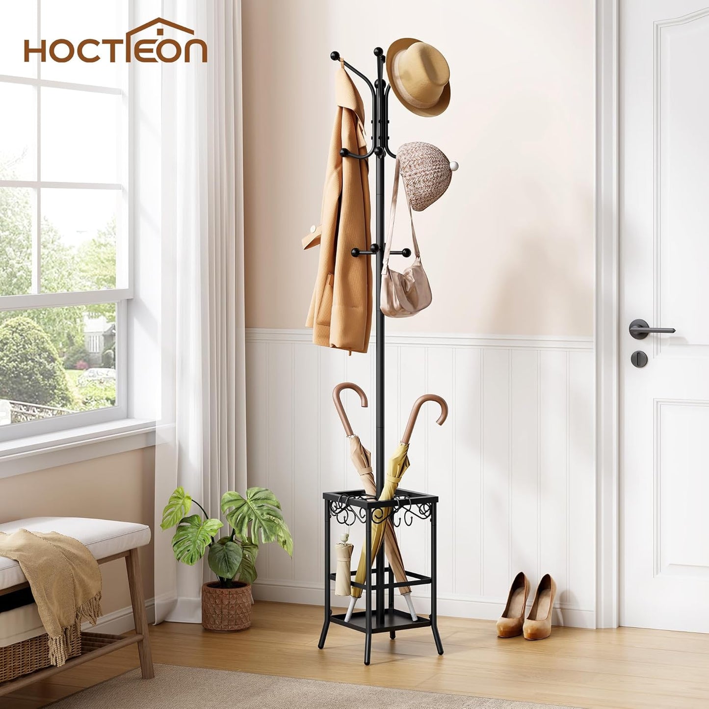 Coat Rack Freestanding, Coat Tree with Umbrella Holder, Metal Coat Rack Stand with 12 Hooks, Standing Coat Hanger Stand, Umbrella Stand for Entryway, Hat Rack Stand for Home Office, Black