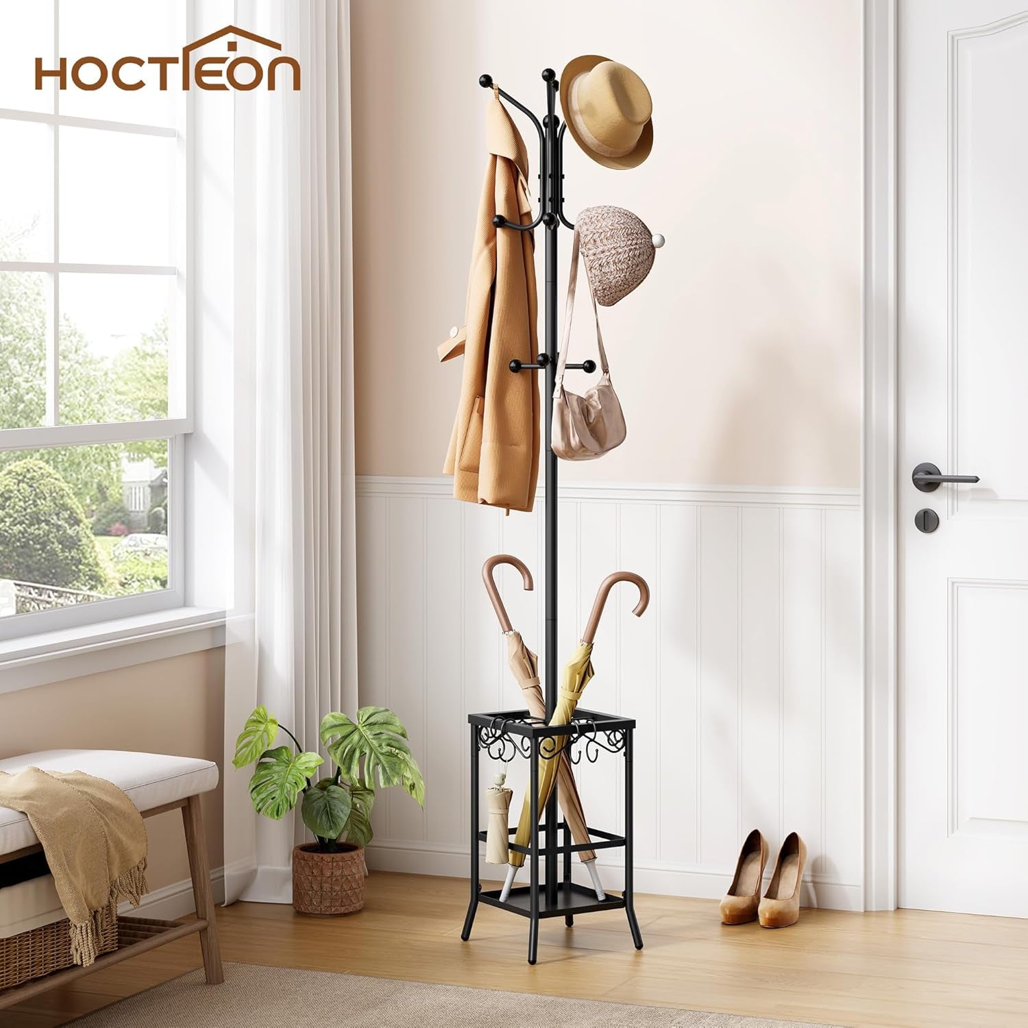 Coat Rack Freestanding, Coat Tree with Umbrella Holder, Metal Coat Rack Stand with 12 Hooks, Standing Coat Hanger Stand, Umbrella Stand for Entryway, Hat Rack Stand for Home Office, Black