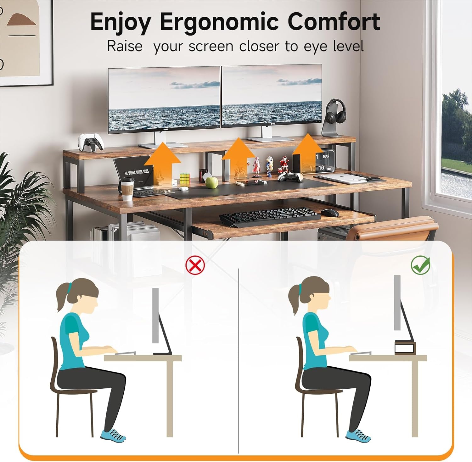 48Inch Computer Desk, Home Office Desks with Keyboard Tray, Gaming Desk with CPU Stand Shelf,Industrial Study Table Wide Writing Desk with Storage Shelves for 2 Monitors, Rustic Brown
