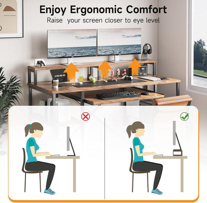 48Inch Computer Desk, Home Office Desks with Keyboard Tray, Gaming Desk with CPU Stand Shelf,Industrial Study Table Wide Writing Desk with Storage Shelves for 2 Monitors, Rustic Brown