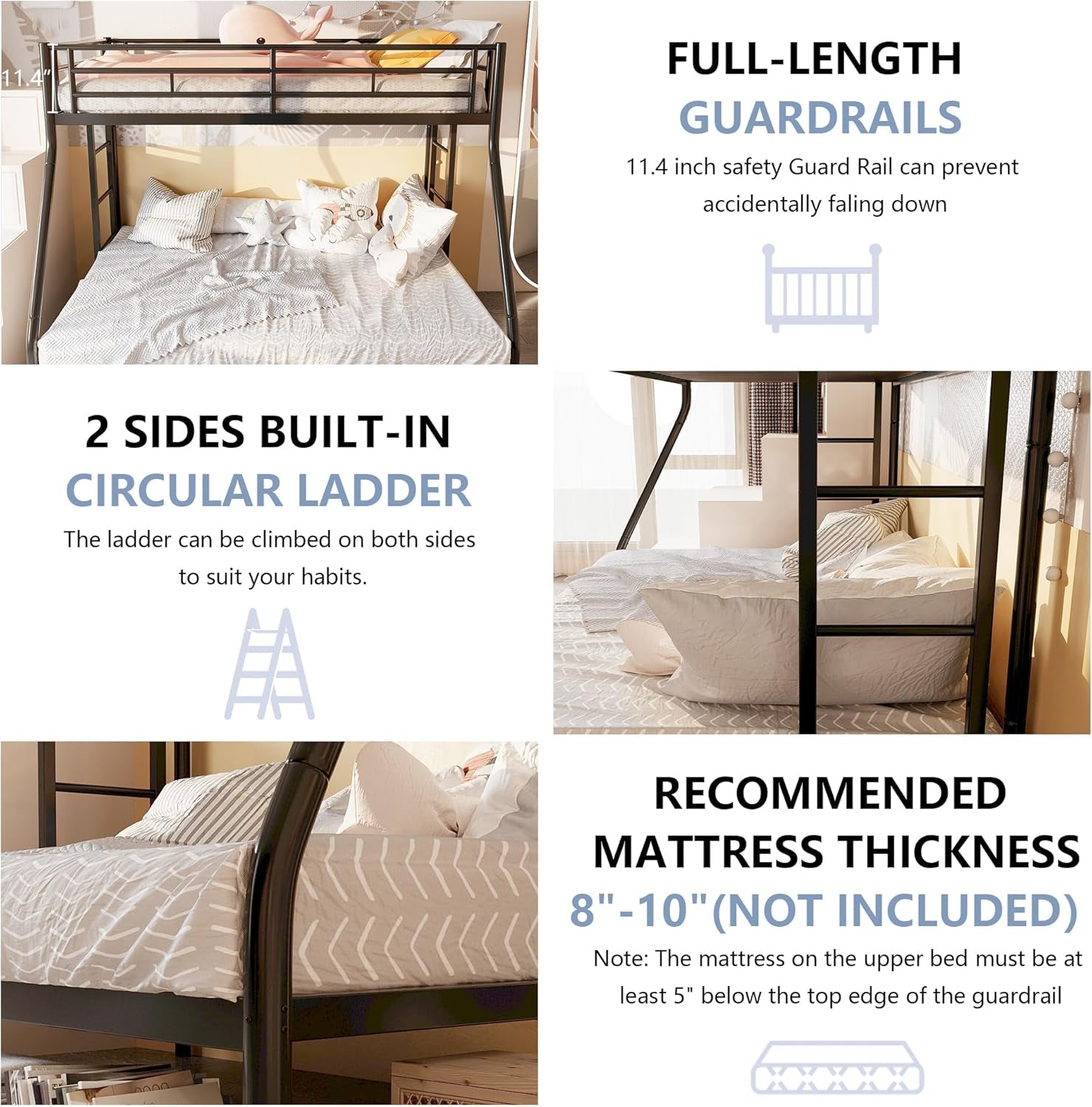 Bunk Bed Twin over Full with Trundle, Twin Trundle Bed with Daybed, Metal Bunk Bed with 2 Secured Ladders, Safety Guard, Noise Free for Small Bedroom, Black (With Trundles, Twin over Full)