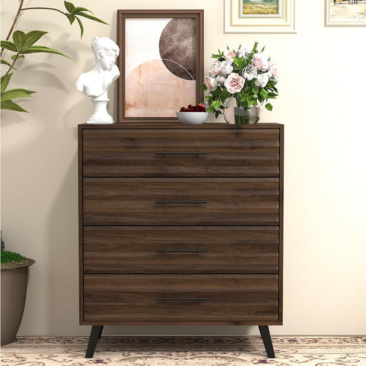 4 Drawers Dresser for Bedroom, Walnut Chest of Drawers with Large Storage Capacity, Wooden Storage Dresser Organizer for Bedroom Nursery Living Room Hallway Closet(4-Drawer)