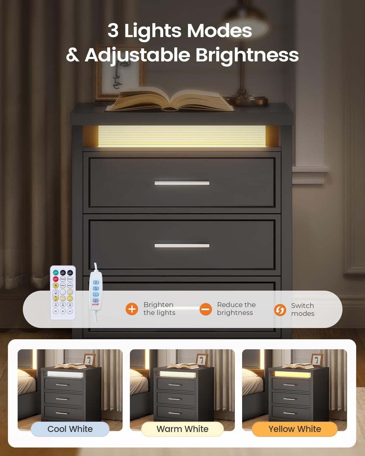 Night Stand with Charging Station,Black Nightstand with 3 Drawer and 3 Color Lightbox, Bedside End Table with Metal Handle for Bedroom (1, Black)