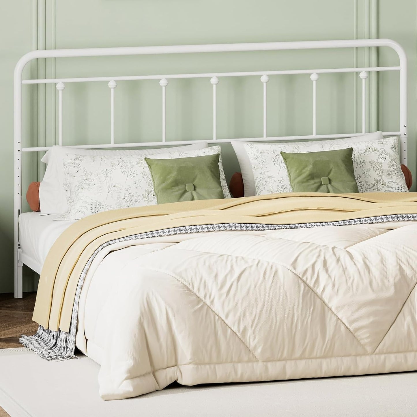Metal California King Headboard Only, Adjustable Height, Steel Cal King Headboard with Bed Frame Brackets Adapter, Farmhouse Victorian Style, Easy Assembly, White