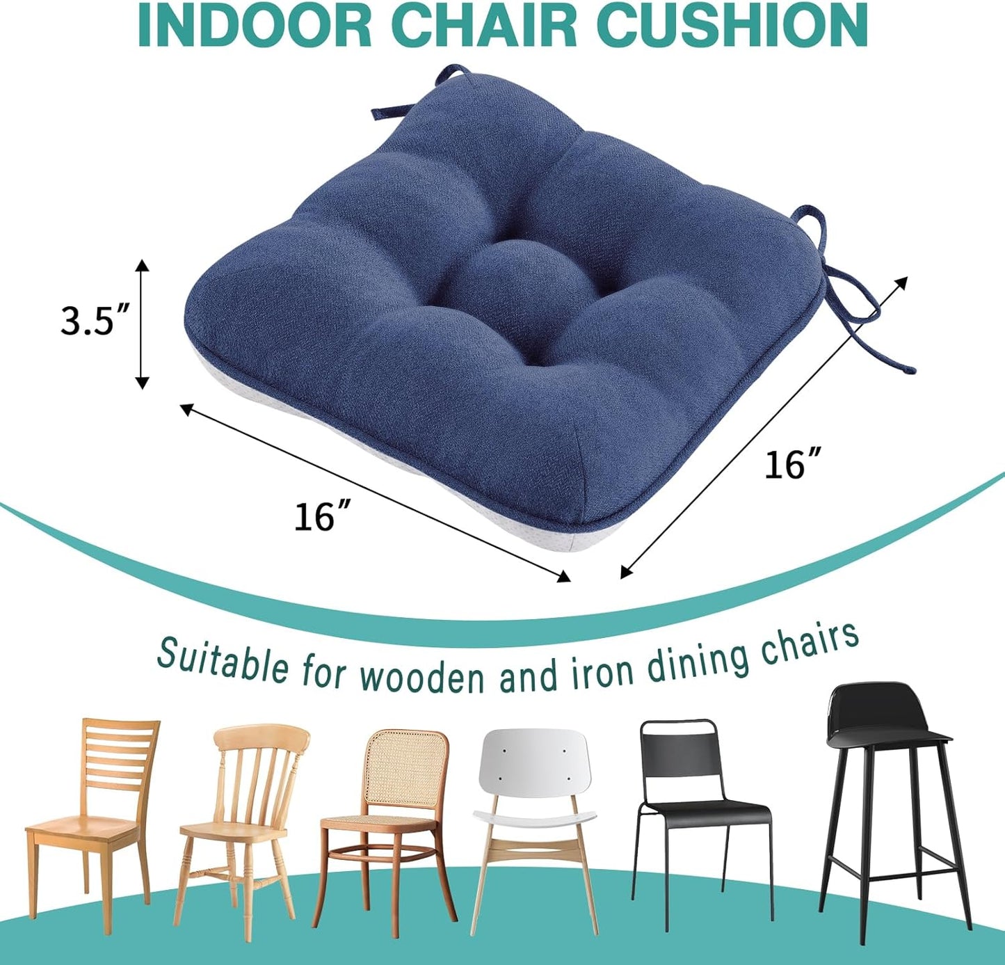Chair Cushions for Dining Chairs Set of 4,3.5" Thick Kitchen Table Chair Pads with Ties,Non Slip Backing and Covers, Seat Cushion for Dining Room,Bar,Patio Chairs,16"X16"X3.5",Navy Blue