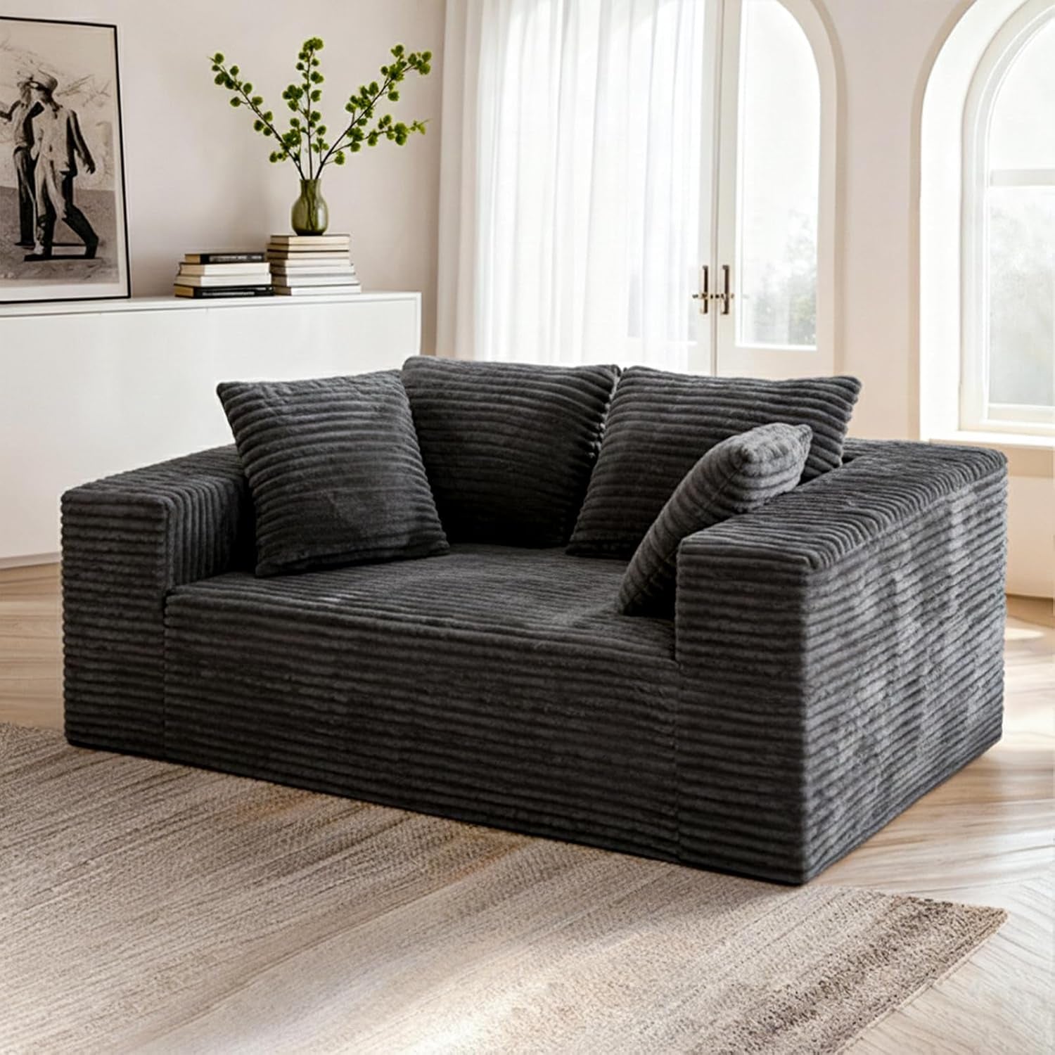 2-Seater Deep-Seat Corduroy Lounge Sleeper Sofa - No Assembly, Frameless Foam Cloud Couch for Living Room, Bedroom, Apartment, Dorm, Office