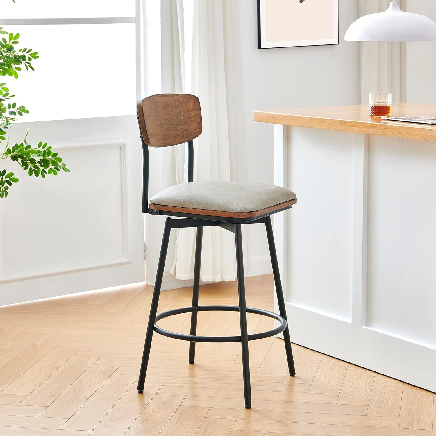 Swivel Counter Height Bar Stools with Back, Faux Leather Upholstered Barstools Set of 2, 27" Seat Height, Metal & Wood Frame, Sand Grey
