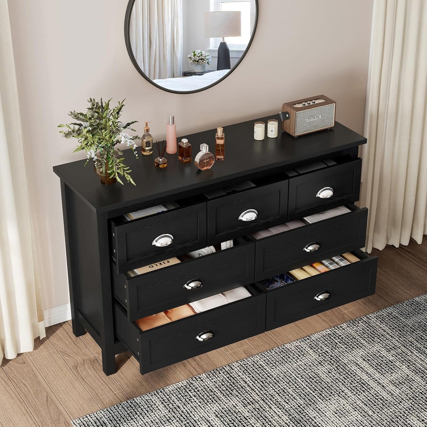 Farmhouse 2-Piece Bedroom Dresser Set, 7 Drawer Wide Dresser & 5 Drawer Tall Dressers, Distressed Wood Grain Finish with Shell Handles, Dressers Chest of Drawers for Bedroom
