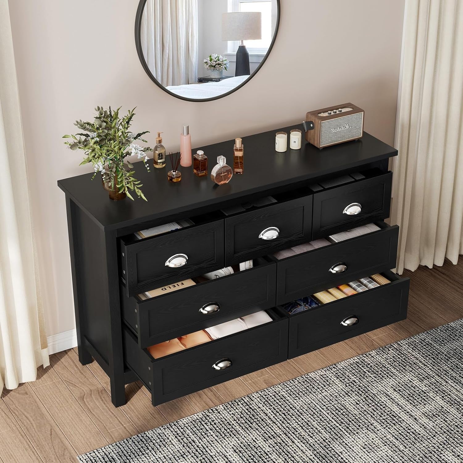 Farmhouse 2-Piece Bedroom Dresser Set, 7 Drawer Wide Dresser & 5 Drawer Tall Dressers, Distressed Wood Grain Finish with Shell Handles, Dressers Chest of Drawers for Bedroom