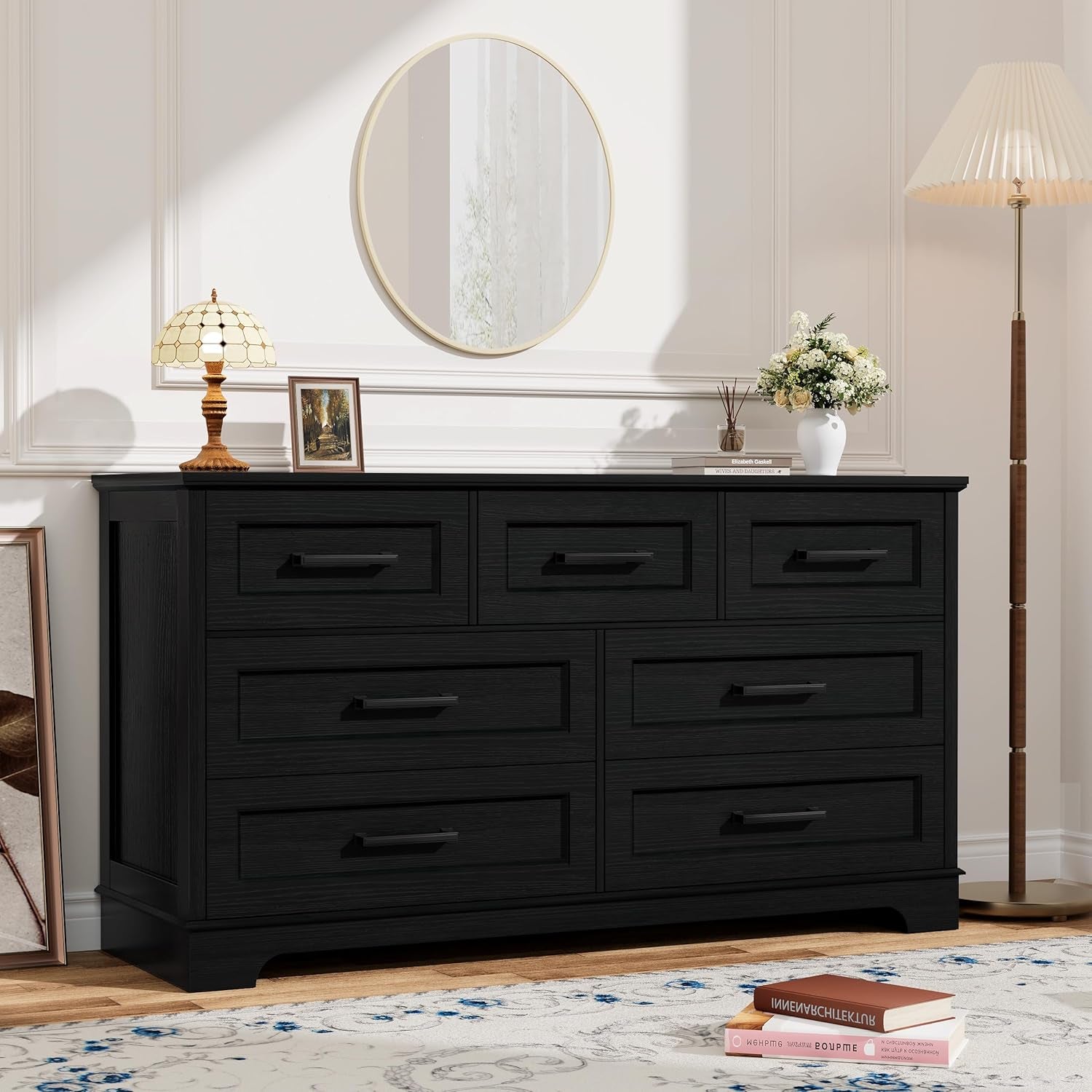 Dresser for Bedroom, Farmhouse 7 Drawers Dresser, Chest of Drawer Chest, Multi-Tier Clothing Storage Cabinet, Black
