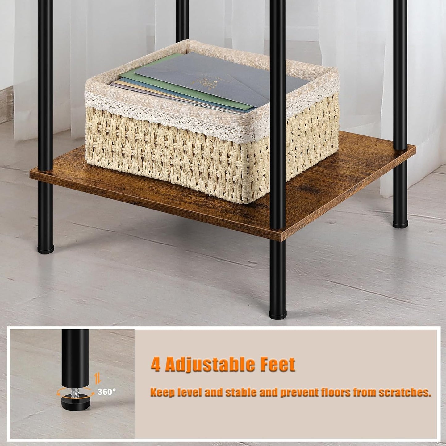 Tall Side Table 30 Inch Height Small Tall Bedside Table with Storage Shelves 3 Tier Narrow End Table Industrial Telephone Table for Living Room, Bedroom, Office, Rustic Brown