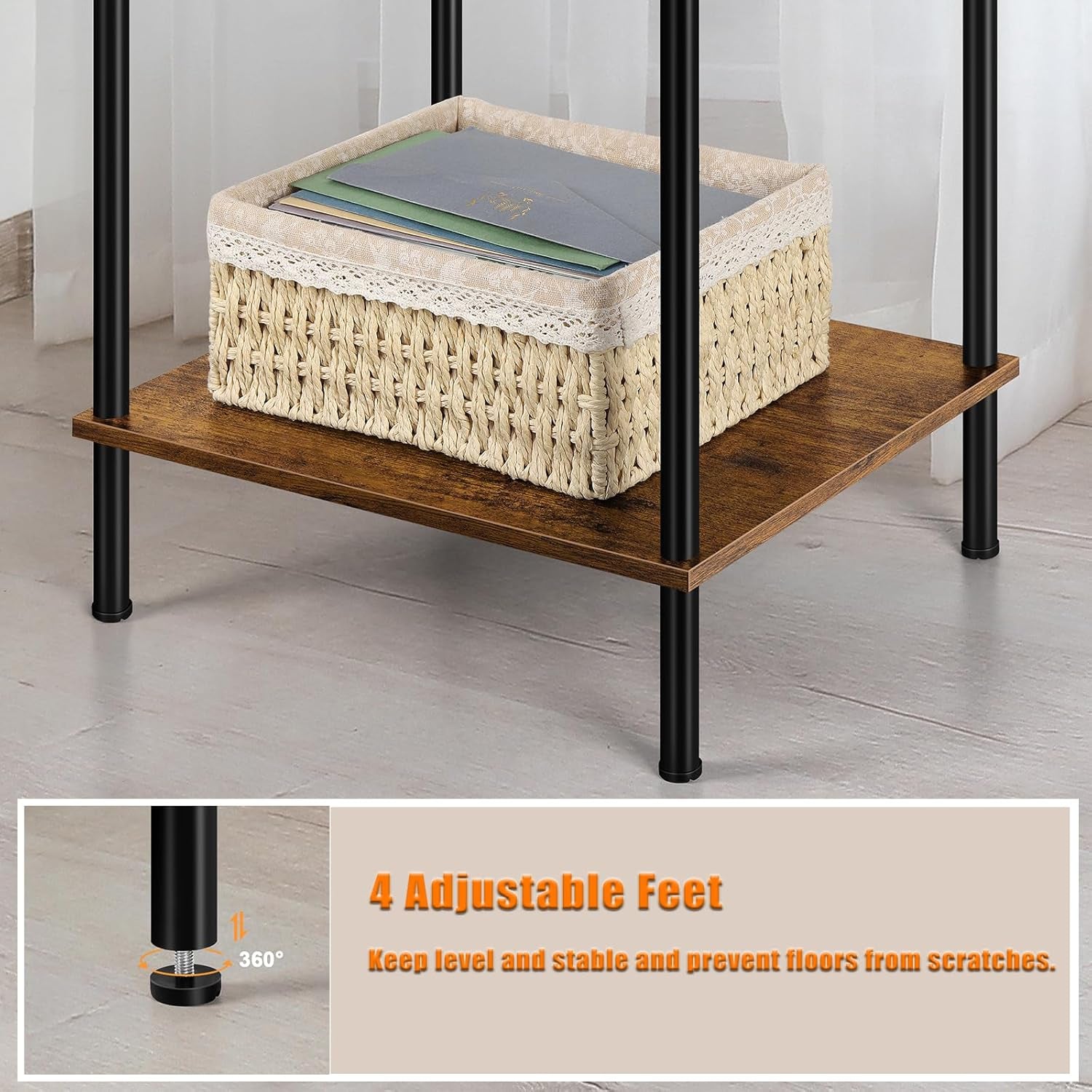 Tall Side Table 30 Inch Height Small Tall Bedside Table with Storage Shelves 3 Tier Narrow End Table Industrial Telephone Table for Living Room, Bedroom, Office, Rustic Brown