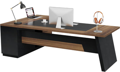 78" L-Shaped Executive Desk, Large Modern Office Desk with Drawers and File Cabinet, Business Furniture with Storage Shelves, Big Computer Desk for Home Office (Light Walnut + Black)