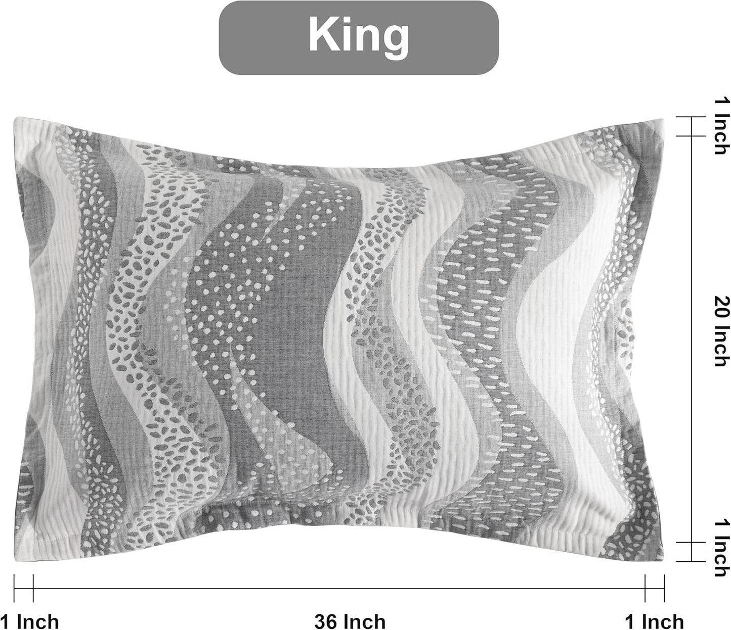 Cotton King Pillow Shams, 3 Layer Muslin Breathable Soft Thermal Yarn Dyed Sham Covers, 2 Pack 20X36 Oxford Pillowcases with Envelope Closure, Grey Wheat Waves