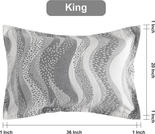 Cotton King Pillow Shams, 3 Layer Muslin Breathable Soft Thermal Yarn Dyed Sham Covers, 2 Pack 20X36 Oxford Pillowcases with Envelope Closure, Grey Wheat Waves