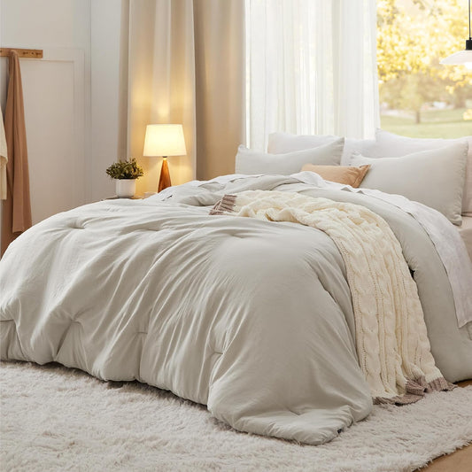 Bedsure King Comforter Set, Beige Soft Prewashed Bedding for All Seasons, 3 Pieces Gentlesoft™ Bed Set, 1 Lightweight Comforter (104"X90") and 2 Pillowcases (20"X36")