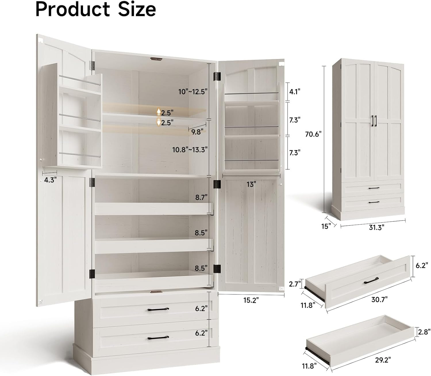71" Tall Farmhouse Kitchen Pantry Cabinet with 3 Pull Out Shelves & 2 Large Drawers, Pantry Storage Cabinet with 6 Door Shelves & Adjustable Shelf, Freestanding Pantry for Kitchen, Dining Room