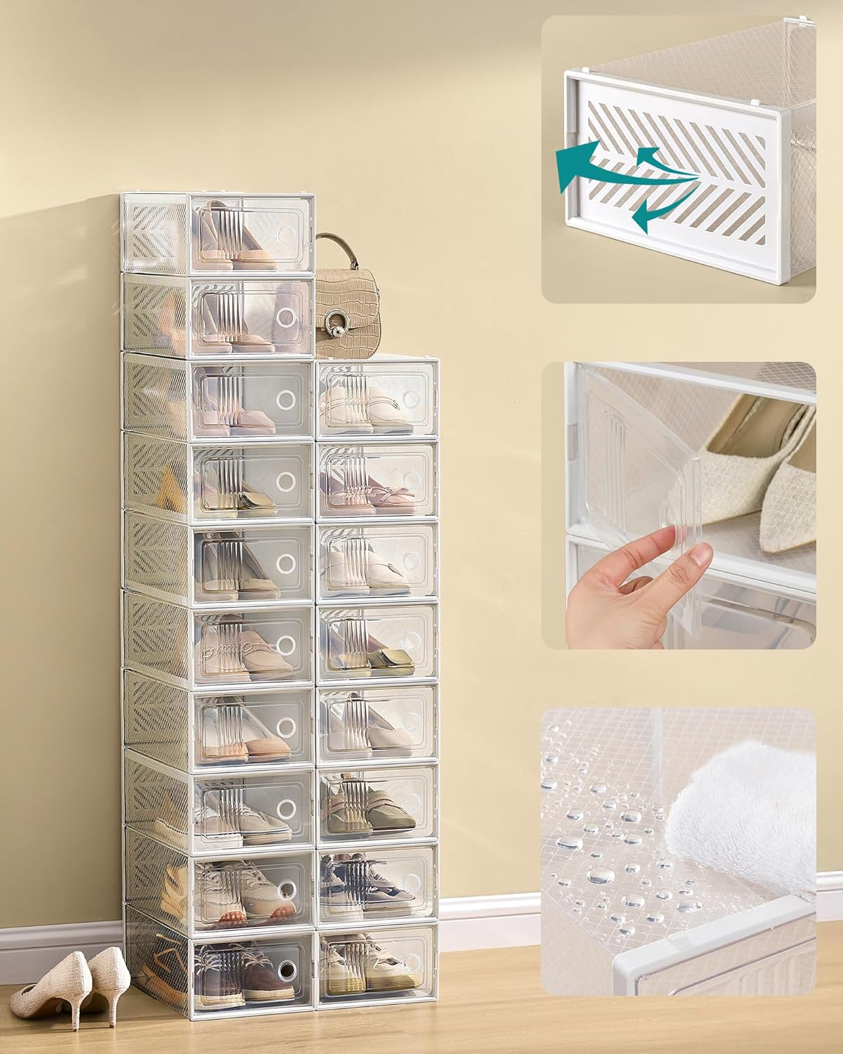 Stackable Shoe Boxes, Foldable Shoe Storage Organizers, Ventilated, for Max. Men'S Shoes US Size 9 or Women'S Shoes US Size 11, Sneakers, Set of 12, Transparent and White ULSP106W12V2
