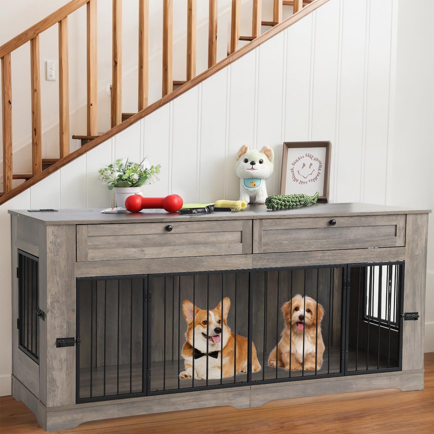 Large Dog Crate Furniture-Decorative Heavy Duty Dog Cage Indoor, Wooden Dog Cage End Table with Charging Station, Dog House with 2 Drawers (White, 70.86''L)