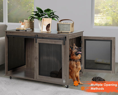 47 Inch XL Dog Crate Furniture, Wooden Heavy Duty Dog Kennel Indoor, Decorative Dog Cage Table for Extra Large Dogs, with Sliding Doors, Wheels and Flip-Top Plate