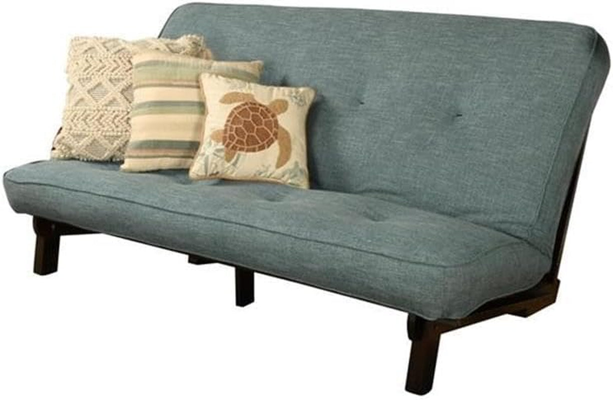 Carson Full Size Futon Frame and Mattress Set - Java Brown Finish Wood Futon Frame with Mattress Included in Linen Aqua Color