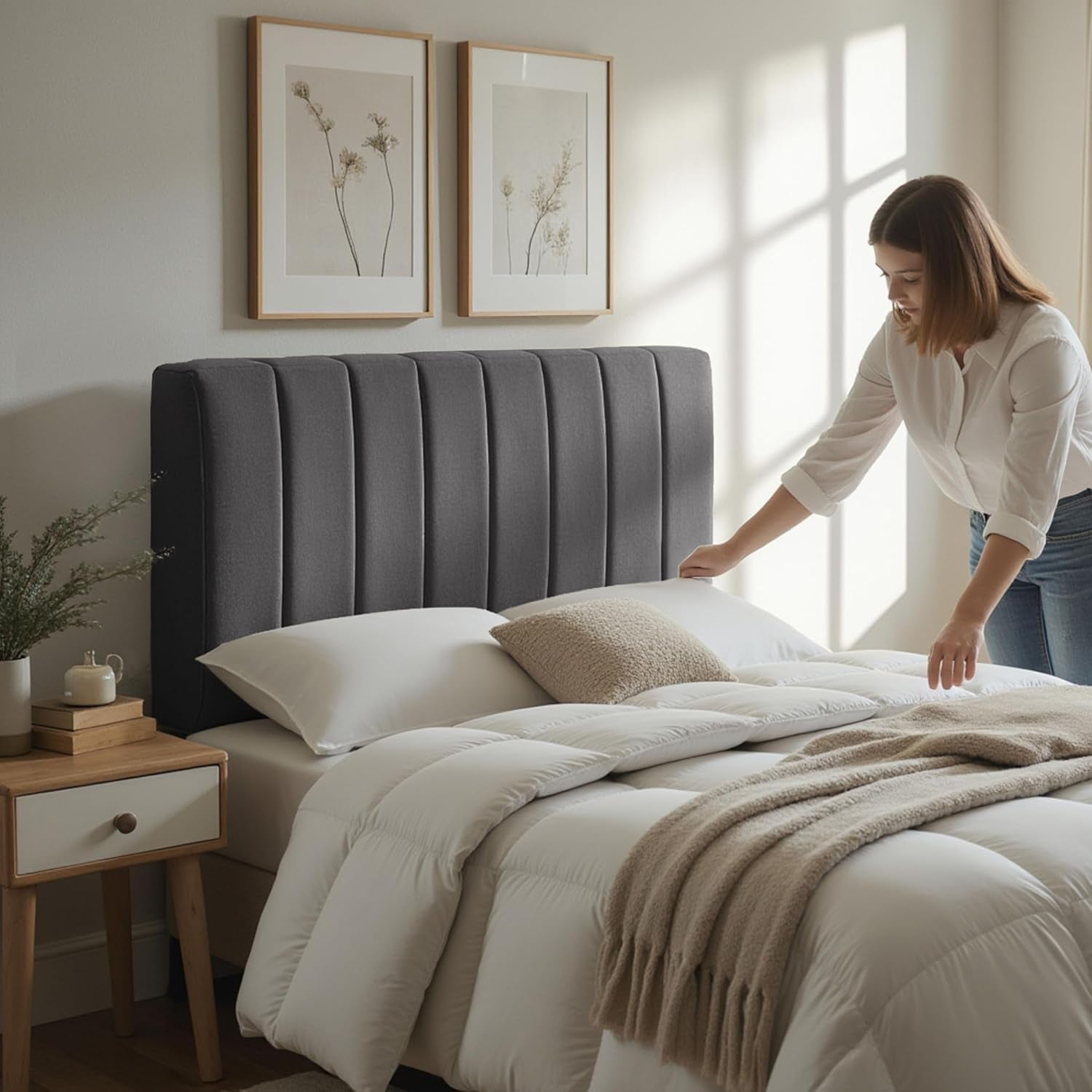 Upholstered King Headboard - Easy Assemble Channel Stitched Headboard King Size Bed - Wall Mounted Headboards with 3D Soundproof Wall Panels Peel & Stick Floating Headboards, Grey
