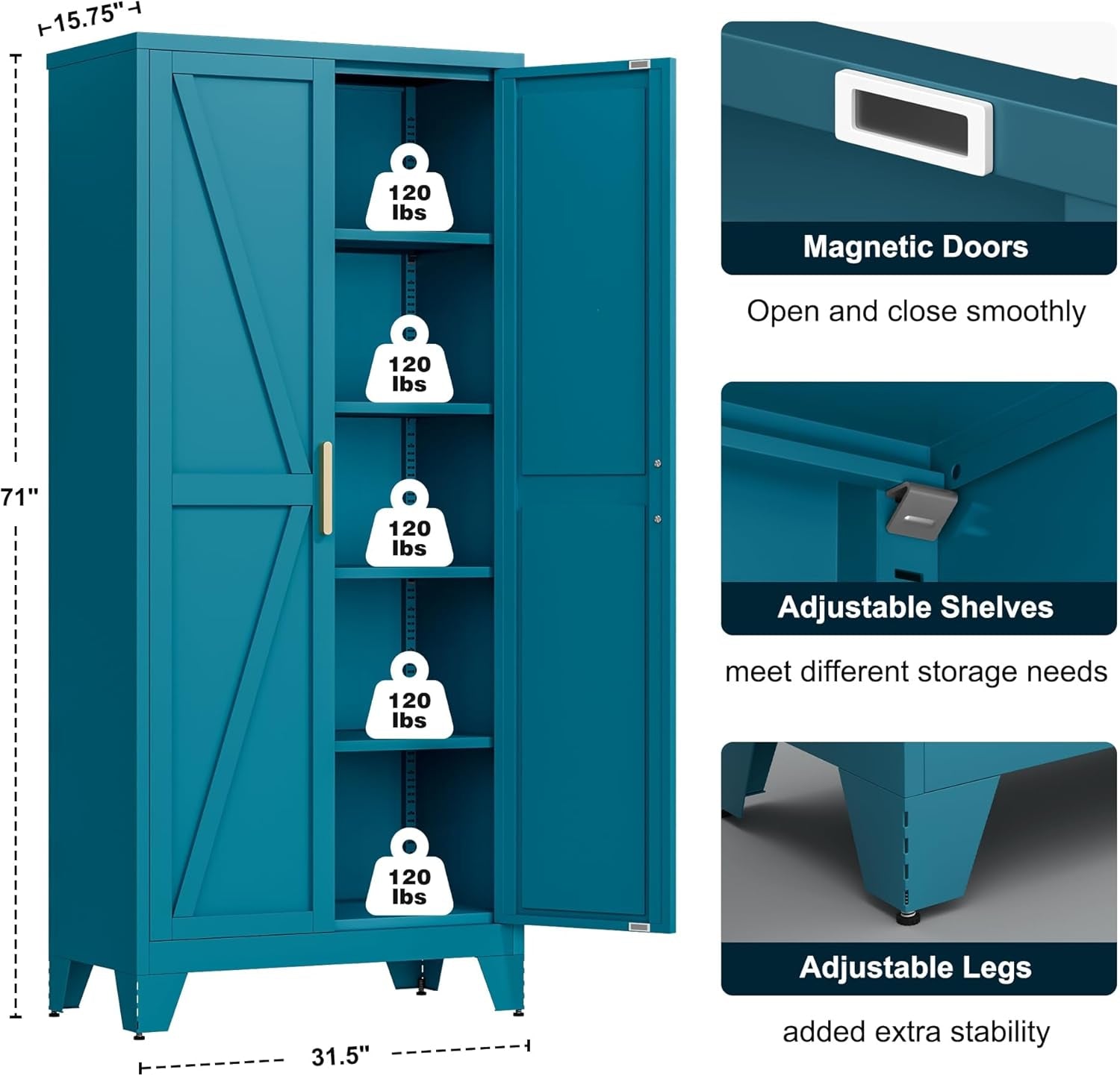 71" Tall Metal Storage Cabinet with 2 Doors and 4 Adjustable Shelves, 5-Tier Kitchen Pantry Storage Cabinet for Kitchen, Living Room, Dining Room and Office, Blue