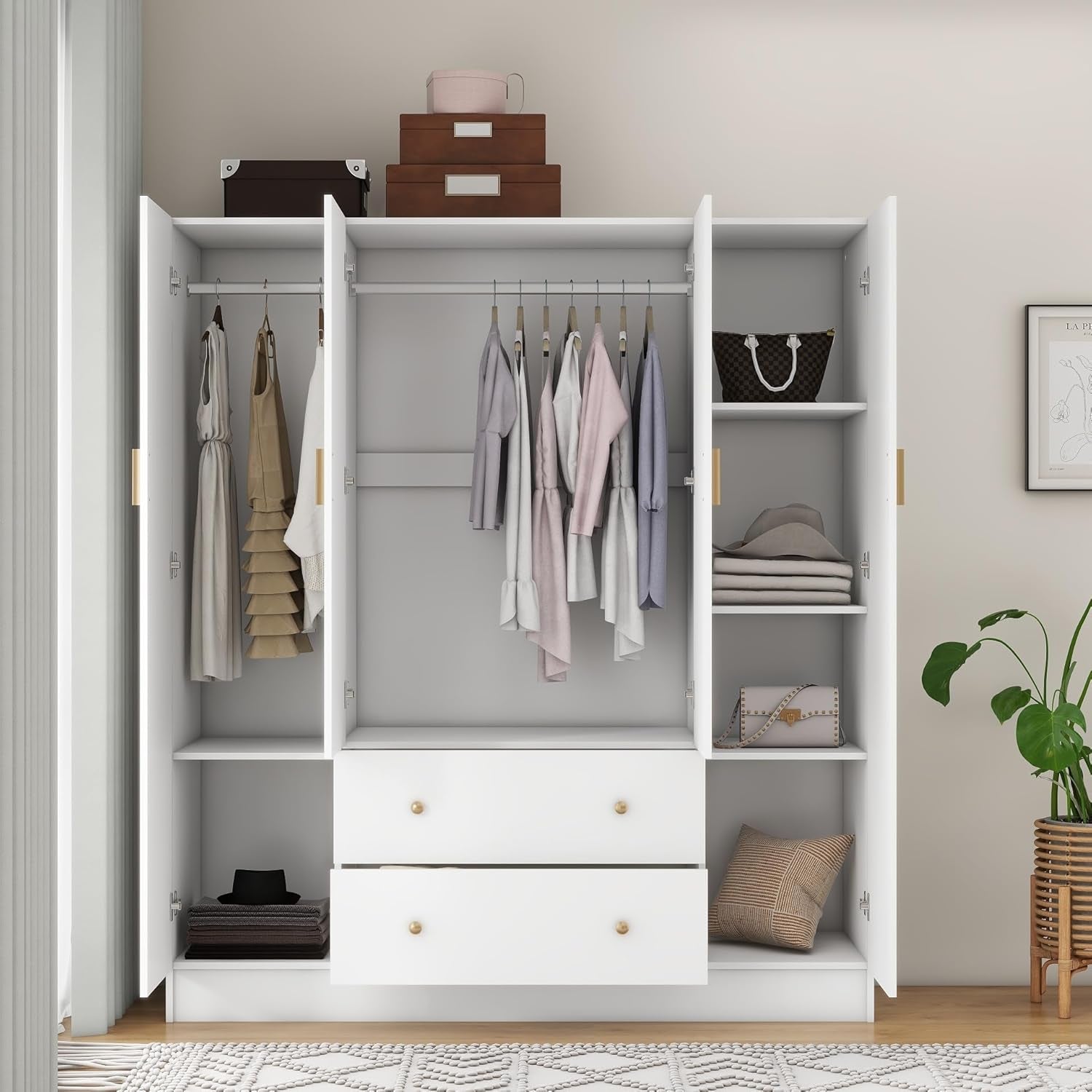 Bedroom Armoires Wardrobe Closet with 4 Doors 2 Drawers and Mirror, Large Shelves Hanging Rods for Bedroom, 62.7" W X 19.7" D X 70.8" H