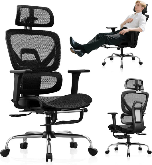 Ergonomic Office Chair with Footrest, Mesh Desk Chair with 135° Recline, Adjustable Lumbar Support, 3D Armrests and Headrest, Swivel Computer Chair for Home Office