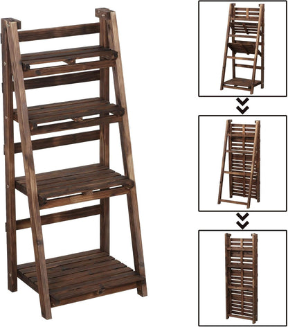 Foldable Ladder Shelves, Decorative Wall-Leaning Home Office Storage Rack Shelves, Display Shelving for Livingroom Bedroom Balcony, Fir Wood Brown, Simple Assembly 4 Tier