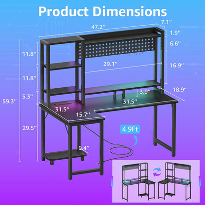 L Shaped Gaming Desk with Shelves - 48 Inch Corner Computer Desks with Storage Hutch Shelf Reversible Pegboard Led Lights Power Outlets PC Monitor Stand for Bedroom, Black
