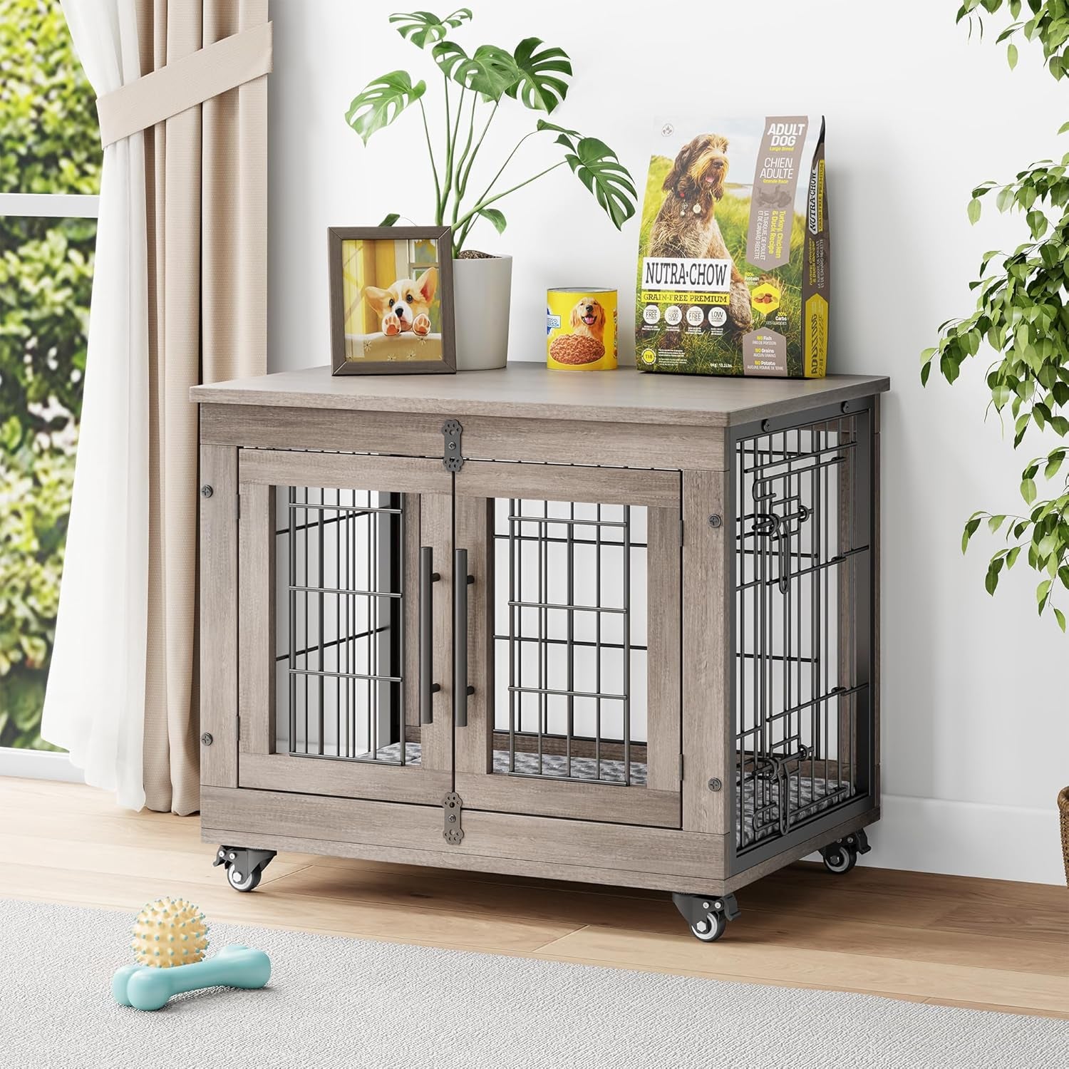 Dog Crate Furniture with Cushion, Wooden Dog Kennel Indoor with Double Doors, Dog Cage with Wheels, Dog House Side End Table for Small Dogs up to 30 Lb, 27.2" L, Grey
