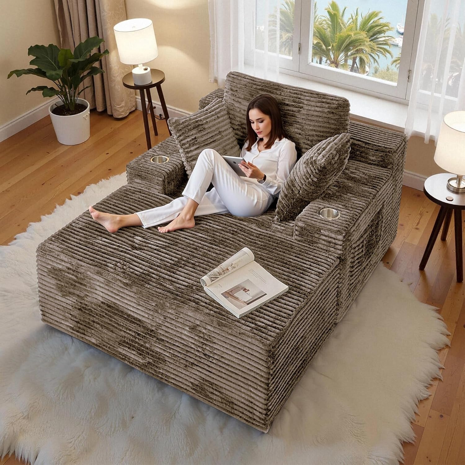 67 Chaise Lounge Chair Indoor,Oversized Boneless Single Sleeeper Couch Bed,Corduroy Cloud Sofa with 3 Soft Pillows for Livingroom,Bedroom,No Assembly,(Khaki)