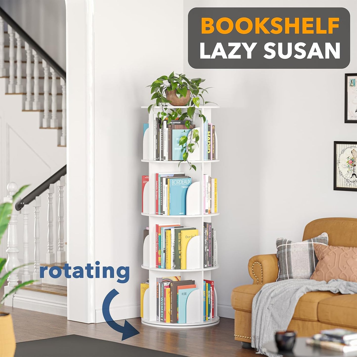 4 Tier Rotating Bookshelf Tower, Spinning Bookcase Lazy Susan, Revolving 360 Book Shelf Storage round Carousel, Vertical Rotate Turning Spiral Corner Organizer, White