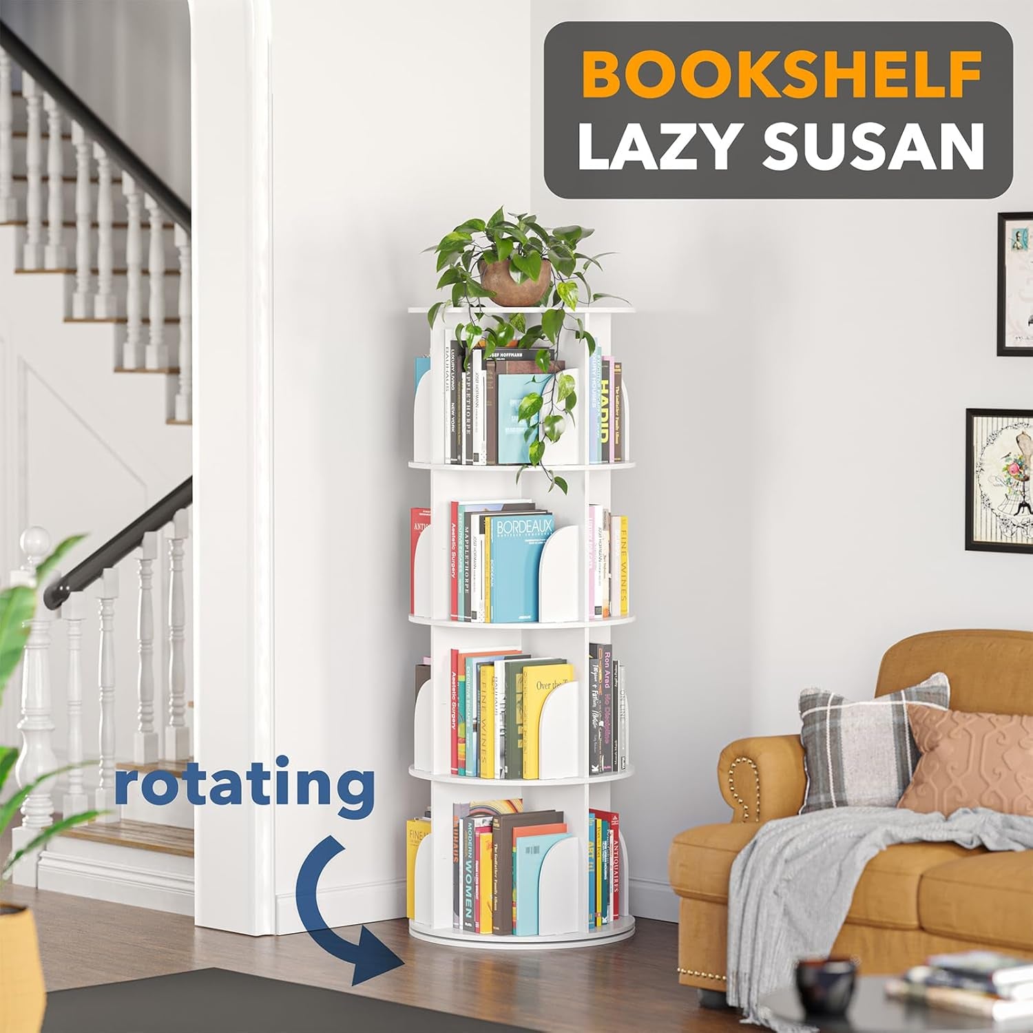 4 Tier Rotating Bookshelf Tower, Spinning Bookcase Lazy Susan, Revolving 360 Book Shelf Storage round Carousel, Vertical Rotate Turning Spiral Corner Organizer, White