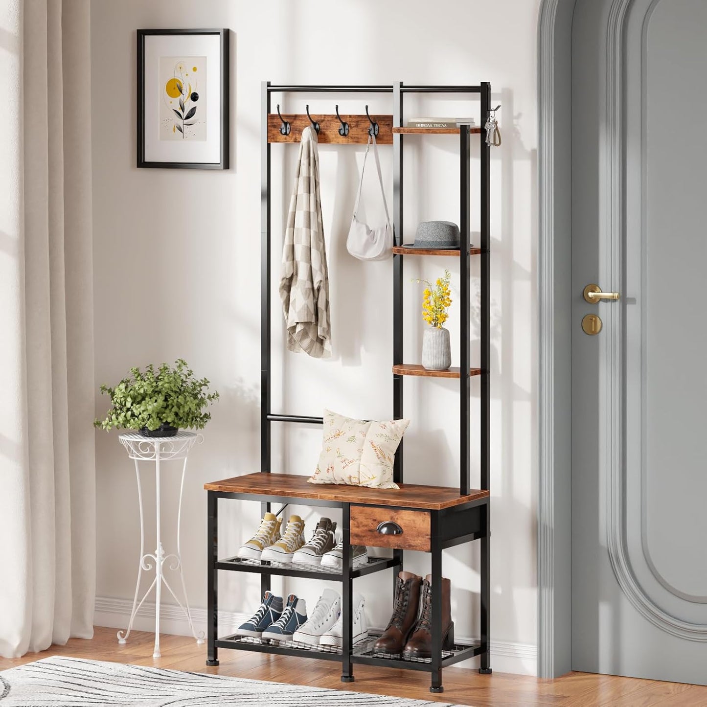 Coat Rack, Hall Tree with Bench and Shoe Storage, 4 in 1 Entryway Bench, Coat Rack with 3 Shelves and Drawer, Entryway Organizer with 5 Hooks for Hanging, Rustic Brown