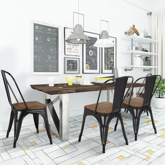 Metal Dining Chairs Set of 4, Industrial Stackable Kitchen Chairs with Wood Top Seat for Dining Room/Restaurant/Bistro/Patio, Indoor & Outdoor Use, Black