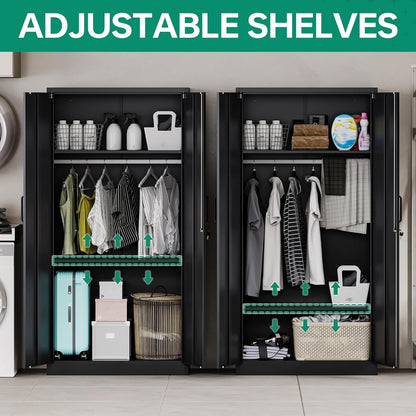 Metal Wardrobe Cabinets with Lock,Clothing Locker 72" X 36" X 18" Storage Cabinets for Home Room,Fire Department, School, Employee,Gym,Government (Black)