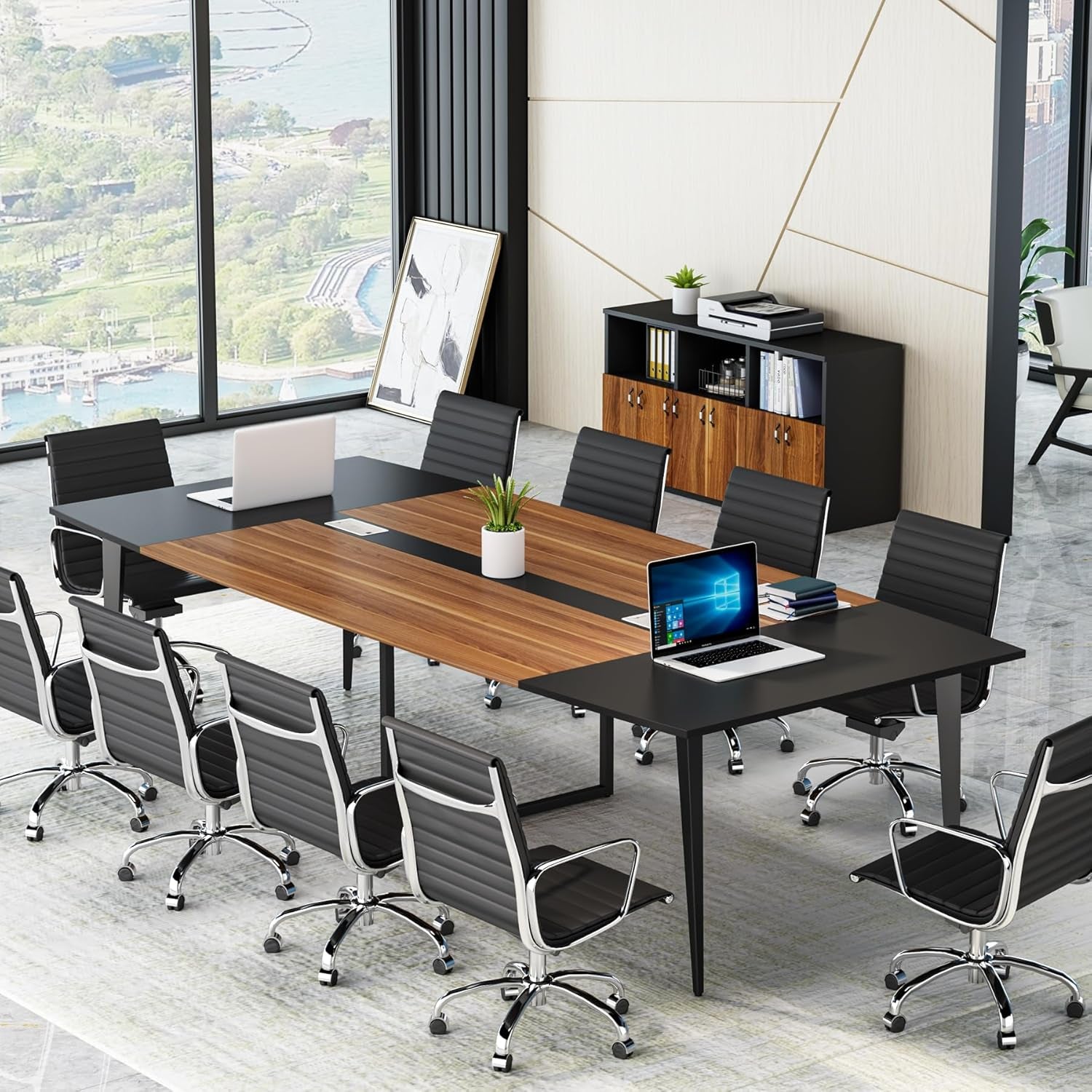 8FT Conference Table, 94.48L X 47.24W X 29.52H Inches Boat Shaped Meeting Table with Rectangle Grommet, Modern Seminar Boardroom Table for Office Conference Room (8Ft, Walnut & Black)