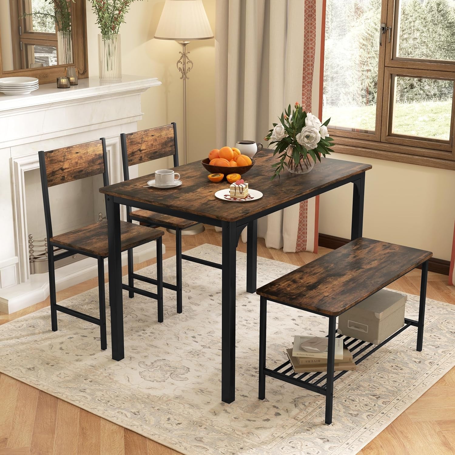 Dining Table Set for 4, Kitchen Table and 2 Chairs for 4 with Bench, 4 Piece Dining Table Set for Small Space, Apartment