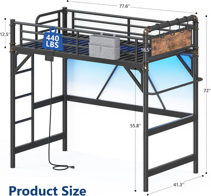 Twin Size Loft Bed with LED Lights and Charging Station, Industrial Heavy Duty Metal Loft Bed Frame with Ladder and Guardrail for Kids Adults, Small Space Saving Design for Bedroom Dorm, Black