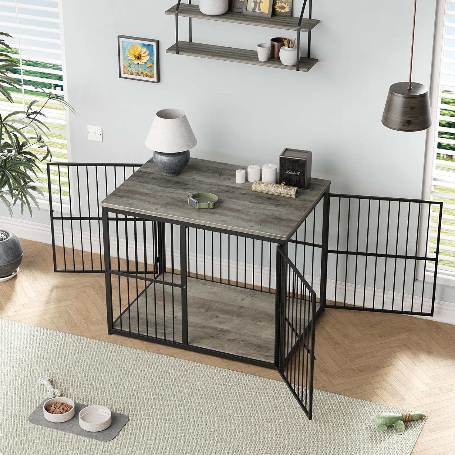 43'' XL Dog Crate Furniture with 3 Doors, Wooden Crate Combination Pet Cage, Heavy Duty Indoor Kennel for Medium to Large Dogs, Grey