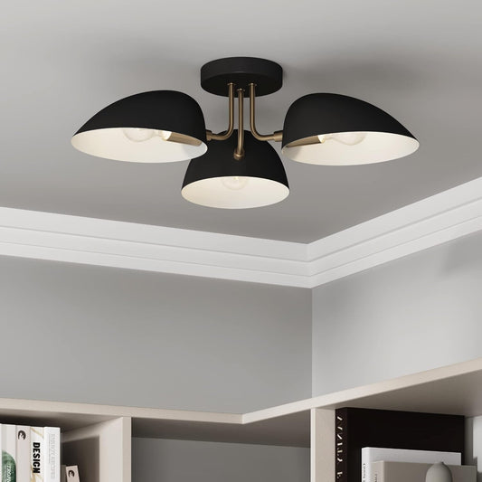 Argo Semi Mount Flush Ceiling Light, 3-Lights Modern Retro Lighting with Black Rounded Shades for Hallway, Dining Room and Bedroom, Brass Gold/Black