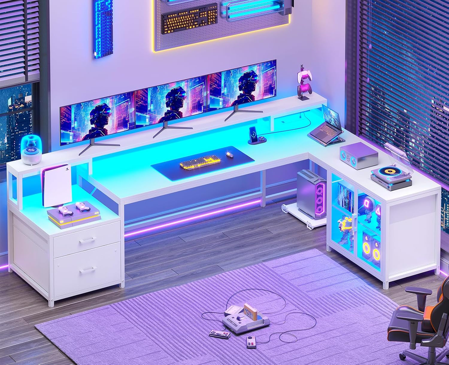 Corner Computer Desk, Reversible L Shaped Computer Desk with Drawers and Power Outlet, 78.7” Large Gaming Desk with Led Lights, Storage Shelves and Display Cabinet for Home Office, White
