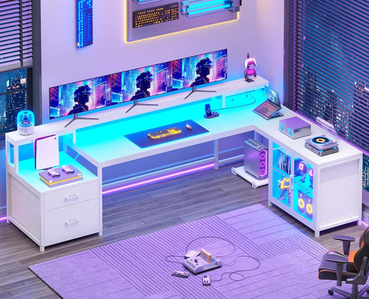Corner Computer Desk, Reversible L Shaped Computer Desk with Drawers and Power Outlet, 78.7” Large Gaming Desk with Led Lights, Storage Shelves and Display Cabinet for Home Office, White