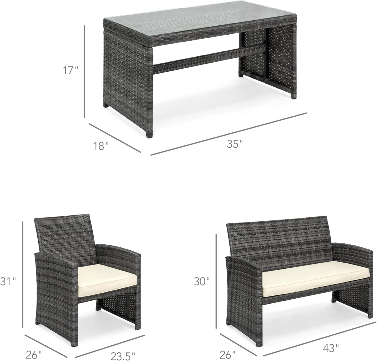4-Piece Outdoor Wicker Patio Conversation Furniture Set for Backyard W/Coffee Table, Seat Cushions - Gray/Cream