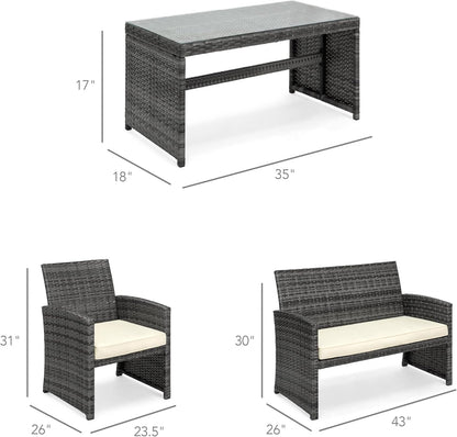 4-Piece Outdoor Wicker Patio Conversation Furniture Set for Backyard W/Coffee Table, Seat Cushions - Gray/Cream