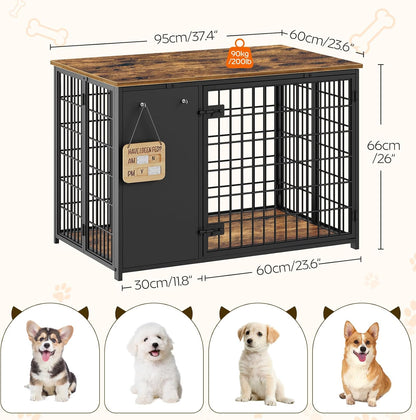 Foldable Dog Crate Furniture, Dog Crate with DIY Frame, Heavy Duty Dog Kennel Indoor with Hooks, Wooden Dog Cage End Table, for Small/Medium Dogs, White and Walnut DC95WH